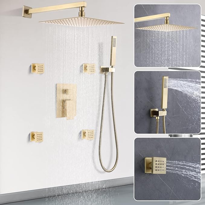Enga Brushed Gold Rain Shower System with 4 Body Shower Jets 12inch Wall Mount Rainfall Shower Head & Handheld, Multi Shower Head System Rain Shower Faucets sets Combo with Rough-in Valve