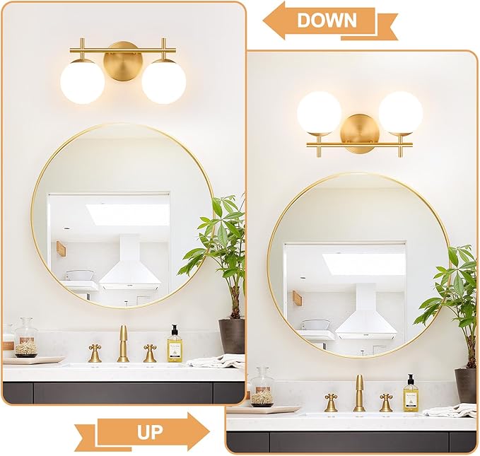 2-Light Bathroom Light Fixtures, Brushed Gold Vanity Lights for Bathroom with Milky White Glass Shade, Bathroom Lighting Fixtures Over Mirror, Wall Sconce for Bedroom (Bulb Not Included)