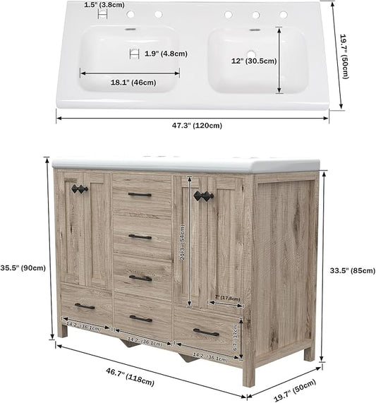 Bathroom Vanity with Sink Combo, 48" Modern Bathroom Storage Cabinet with Double Sink Ceramic, 4 Doors and 5 Drawers, Space-Saving Storage Cabinet, Light Gray Wood