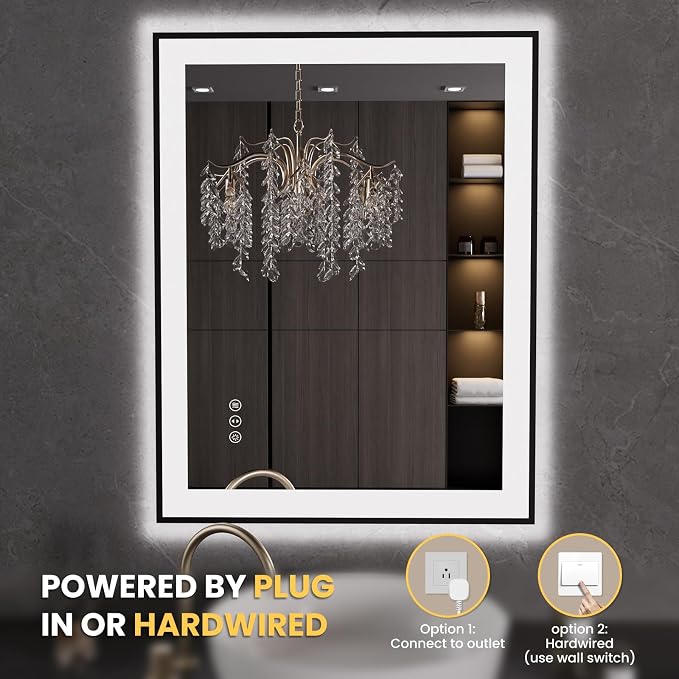 LOAAO 28"X36" LED Bathroom Mirror Black Framed | Anti-Fog, Dimmable, Memory Function, Tempered Glass, Lighted Vanity Mirror for Wall