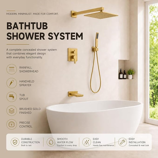 Gold Shower System with Tub Spout, All Metal Bathtub Shower Faucet Set with High Pressure 10 Inch Rain Shower Head and Handheld Shower Head Set, Brushed Gold (Valve Include)