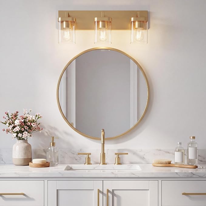 Bathroom Lighting Fixtures Over Mirror, Square Design & Rectangle Large Backplate, 3 Lights Modern Vanity Lighting Fixtures, Bathroom Light Fixtures for Bathroom/Living Room/Bedroom, Gold