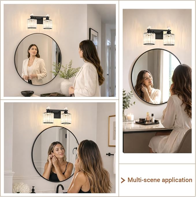 Lxybcce Modern Crystal Bathroom Vanity Light, 14In 2-Lights Bathroom Light Fixtures, Black Vanity Light Fixtures Over Mirror, Easy Installation & Shadow-Free Illumination for Bathroom Mirror Decor