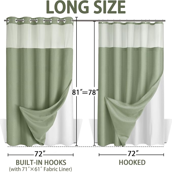 No Hook Shower Curtain with Liner Set Hotel Waffle Sage Green 72W X 81L | Washable Snap in Fabric Liner, Mesh Top Window, Waffle Hotel Style Shower Curtain Set