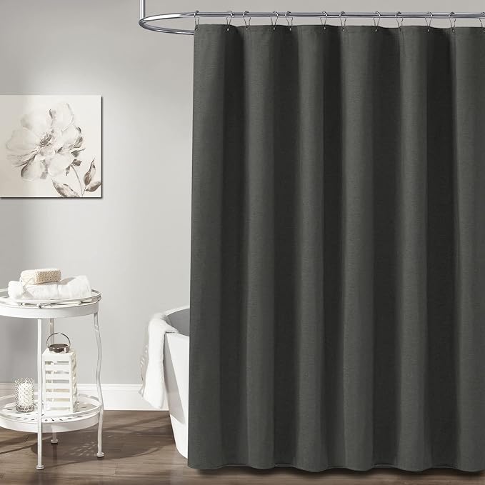Long Linen Textured Waterproof Shower Curtain Set, 72x84, Grey/Gray | Tall Size, 230GSM Polyester, Heavy Duty Cloth, Weighted Hem, 12 Plastic Hooks, Modern Luxury Hotel Style, Machine Washable
