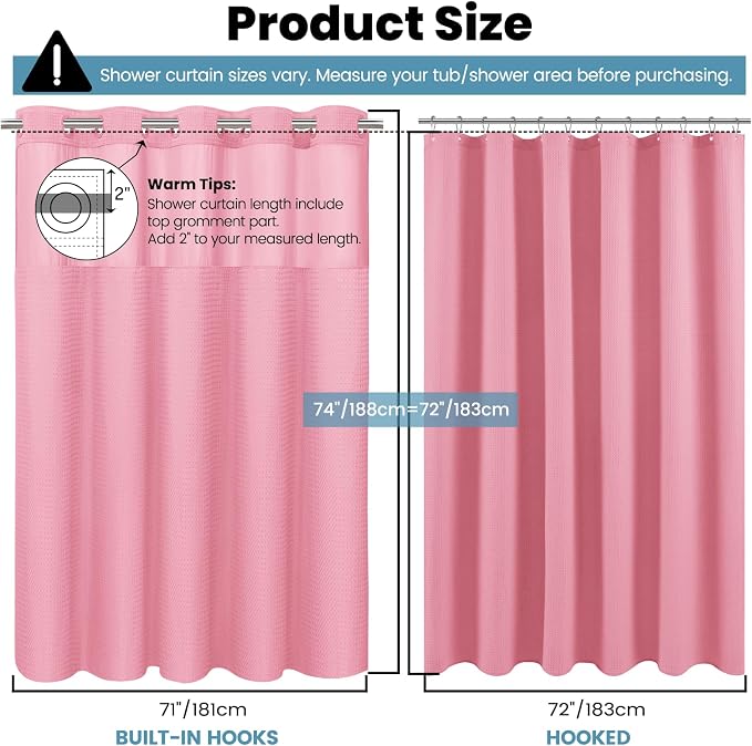 SORTTO No Hook Shower Curtain with Snap in Liner Set Waffle Shower Curtain for Bathroom Hotel Style Fabric Waterproof Inner Liner,71" W x 74" H, Pink