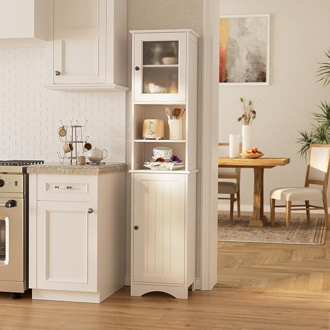 Gizoon 67.1" Tall Bathroom Storage Cabinet with Adjustable Shelves | Narrow Tall Linen Tower with Open Shelves, Two-way Doors, Anti-Tip, for Home, Kitchen, Living Room, White