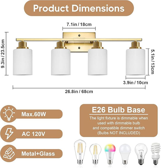 Ascher Bathroom Light Fixtures, 4-Light Vanity Light Over Mirror, Gold Wall Sconces with Milky White Frosted Glass Shades, Wall Lamp for Living Room Bedroom, E26 Base(Bulbs Not Included)