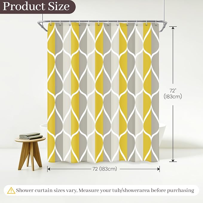 Gelbchu Geometric Shower Curtain for Bathroom, Gray Yellow, 72x72 Inch | with Hooks, Premium Polyester, Quick Dry, Water Repellent, Machine Washable, Rustproof Grommets, Modern Minimalist