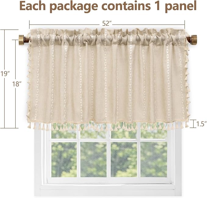 Seenus Boho Farmhouse Linen Valance Curtain, 52x18 inch Soft Light Filtering & Privacy Window Valance with Tassels for Living Room Kitchen Bathroom, Rod Pocket, Beige Cream