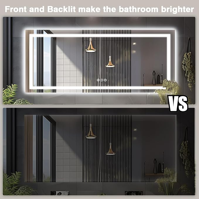 EchosLife 96"x36" Large LED Bathroom Mirror with Lights | Backlit + Front Lit, Anti-Fog, Stepless Dimmable, 3 Colors, Memory, Tempered Glass, UL Listed, Horizontal/Vertical