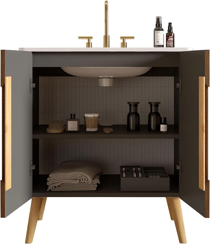30" Modern Bathroom Vanity with Sink, Mid Century Modern Walnut Bathroom Cabinet with Carrara Marble Finish Sink, Doors, Large Storage with Adjustable Shelf