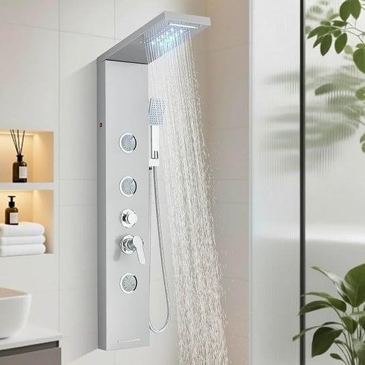 Fuz LED Shower Panel Tower System with Rainfall Waterfall Shower, Brushed Nickel Shower Tower with Jets and Rainfall and Handheld, 5 in 1 Stainless Steel Shower Column High Pressure with Tub Spout