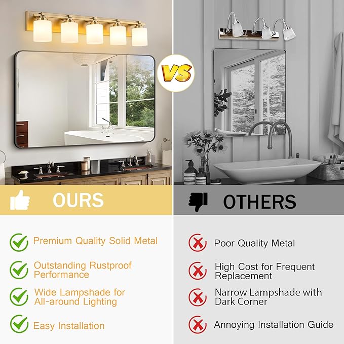 Modern Bathroom Light Fixtures Over Mirror, Vanity Lights for Bathroom Wall Sconces with Milky White Glass Shades, E26 Socket (Bulbs Not Included), 5 Light, Brass