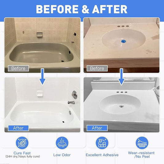 DWIL Tub Paint, Tub and Tile Refinishing Kit with Tools, Tile Refinishing Kit White Bathtub Paint Water Based &Low Odor, Easy to Use Sink for Bathroom Kitchen, Semi-Gloss White, 50-55sq.ft-3 Pack
