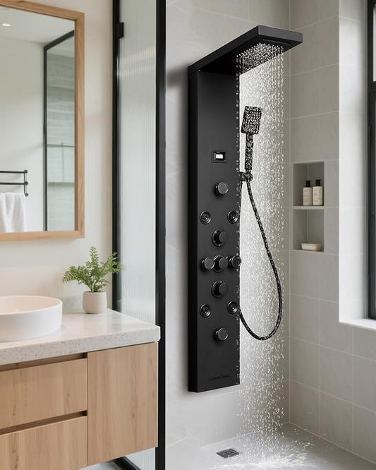 5 IN 1 Shower Panel Stainless Steel Shower Tower Panel System Matte Black | Rainfall Waterfall Shower Head with Handheld Shower Massage Body Jets with Tub Spout Shower System by Homevacious