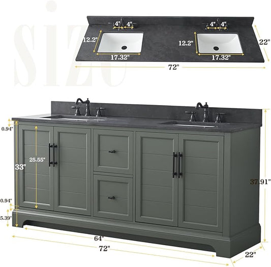 Vanity Art 72 Inch Double Sink Bathroom Vanity with Ceramic Sink and Stone Top | Undermount Rectangular Cabinet with Soft Closing Doors, Dovetailed Drawers, No Mirror VA5072-DVG