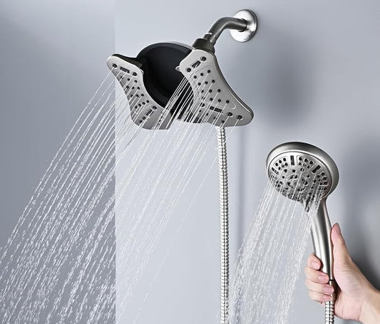 GRICH Shower Head with Handheld Spray - Dual High Pressure Showerhead | Rainfall Shower Heads Combo, Detachable Hand Shower, 9 Spray Settings, 60" Stainless Steel Shower Hose, 2.5GPM, Nickel