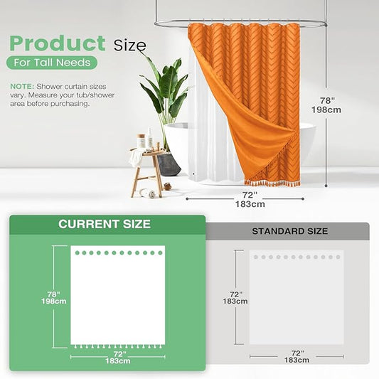 Dynamene Long Shower Curtain and Liner Set - 78 inch Tall Boho Shower Curtain and Waterproof Clear Liner, Tufted Chevron Striped Textured Tassel Shower Curtains for Bathroom, 12 Hooks, 72x78, Orange