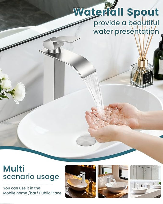 LIFG Brushed Nickel Vessel Sink Faucet, Tall Waterfall Bathroom Faucet, Single Handle One Hole Mixer Bowl Tap with Large Rectangular Spout, Bar Sink Faucet Lavatory Vanity