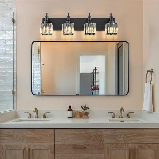 Black Crystal Bathroom Vanity Light 4-Light Modern Bathroom Lighting Fixtures Over Mirror Black Wall Sconce with Square Shade