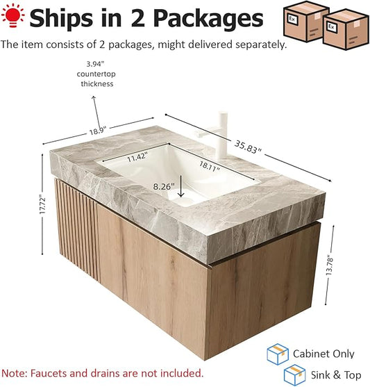 Ambrovina 36" Floating Bathroom Vanity with Sink, Modern Plywood Bathroom Storage Cabinet with Drawer and Door, Gray Sintered Stone Countertop and White Ceramic Basin, Pre-Assembled, Light Oak