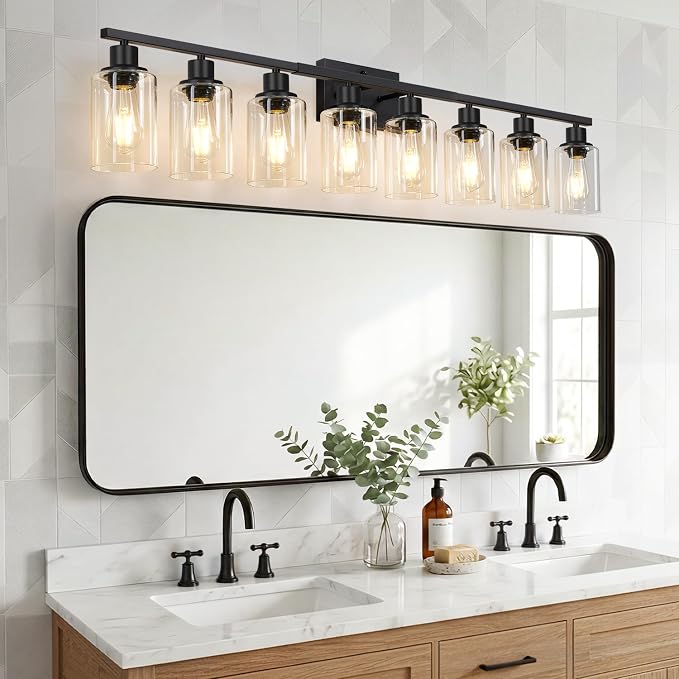 Indoi 8-Light Bathroom Light Fixtures, Matte Black Modern Vanity Lights with Clear Glass Shades, Bathroom Wall Lamp for Mirror Living Room Cabinet Bedroom Porch