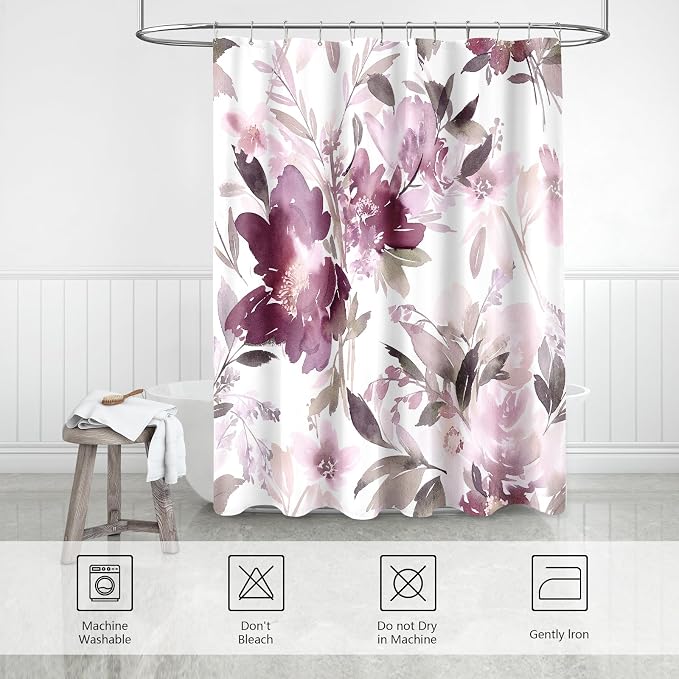 MAYZUS Mauve Watercolor Floral Shower Curtain for Bathroom, 72x72 | Modern Abstract Flower Decorative Fabric Shower Curtain Set with Hooks