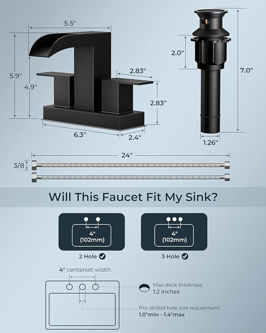 FORIOUS Square Black Bathroom Faucets for 2 Hole or 3 Hole, Waterfall 4 Inch Centerset Bathroom Sink Faucet with Metal Pop-up Drain and Supply Lines, Two Handles for Vanity, Laundry Room, 2 Pack
