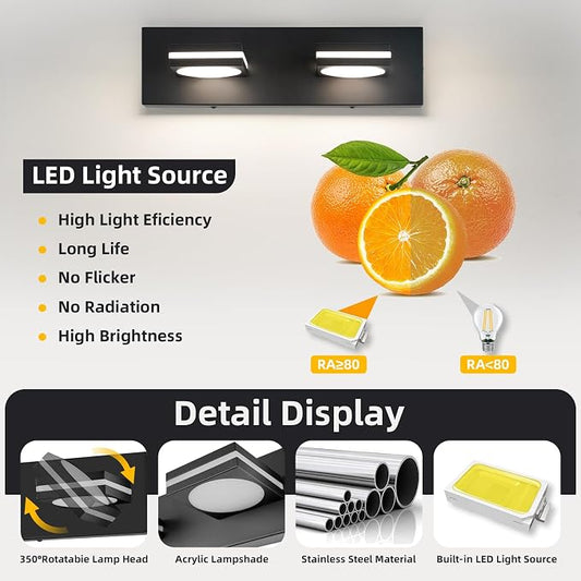 Bathroom Light Fixtures, Matte Black Vanity Light Modern LED Acrylic Lighting Fixtures, Bathroom Accessories Dimmer Lamps, 3CCT, 15.5-inch