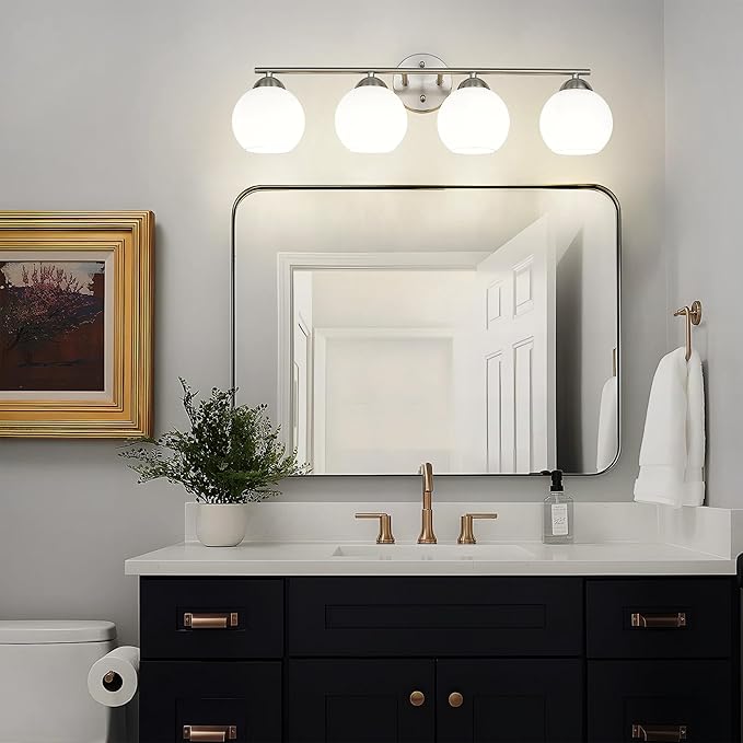 Emak Modern Brushed Nickel Vanity Light, 29 Inch Globe Bathroom Light Fixtures Over Mirror, 4 Light Bathroom Vanity Light with Milk Glass, VL114-BN-ML-4