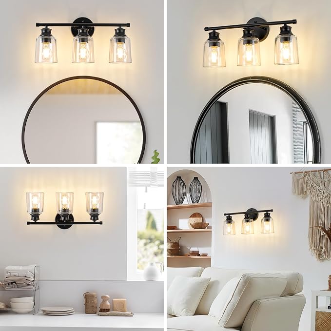 Bathroom Light Fixtures Over Mirror, 3 Lights Vanity Lights with Clear Glass Shade, 18.1" Matte Black Farmhouse Bathroom Wall Light Fixtures for Bedroom, Porch, Hotel, Mirror Cabinet