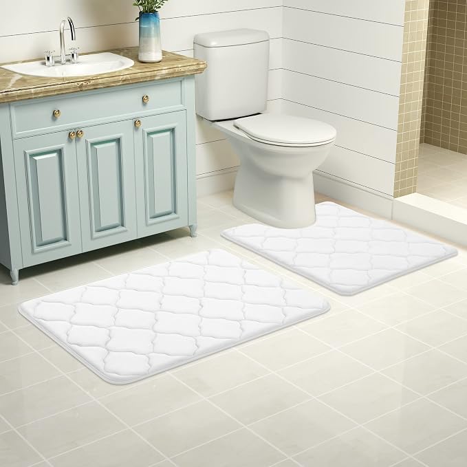 OLANLY Memory Foam Toilet Rugs U-Shaped 24x20, Ultra Soft and Absorbent Bathroom Rugs, Non-Slip, Comfortable, Machine Washable Contour Bath Mat for Toilet Base, Home Decor Accessories, White
