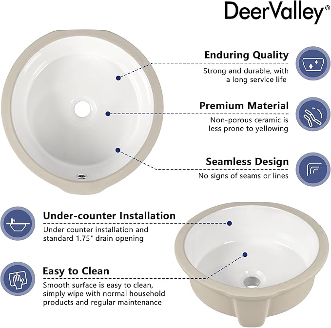 DeerValley 16x16 Inch Small Round Undermount Bathroom Sink, White Ceramic Under Counter Sink with Overflow, DV-1U0207