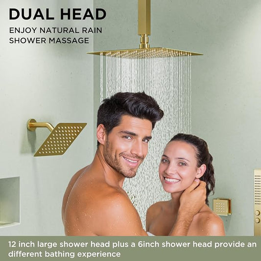 Shower System with 4 Body Spray Jets, STARBATH 4 Way 12 + 6"Rainfall Shower Head with Handheld Combo, Ceiling Mounted Shower Jets System in Wall Shower Faucet Set, Brushed Gold