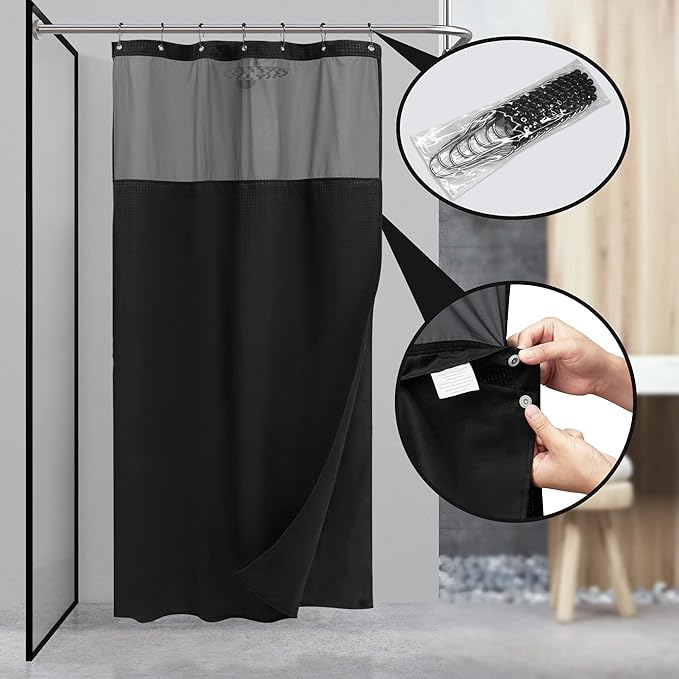 N&Y HOME Stall Waffle Weave Shower Curtain with Snap-in Liner Black 36x72 | 12 Black Hooks Included, Snap on/off Fabric Liner, Hotel Style & Mesh Window, Machine Washable, 36x72 Small Shower Stall Size