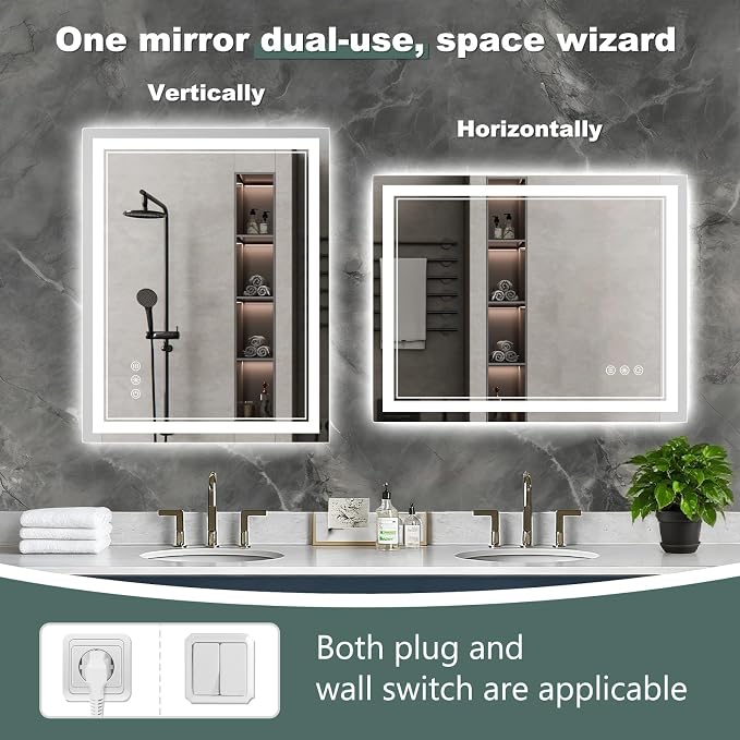 40x30 Inch LED Bathroom Mirror with Lights, 3 Colors Dimmable LED Vanity Mirror, Front and Back Lit, Anti-Fog, Memory Function, Shatterproof Tempered Glass, ETL Listed, Wall Mounted Makeup Mirror