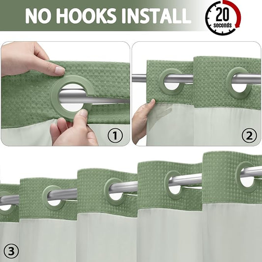 No Hook Shower Curtain with Liner Set Hotel Waffle Curtain Green 72W X 75L | Washable Snap in Fabric Liner, Mesh Top Window, Waffle Hotel Style Shower Curtain Set