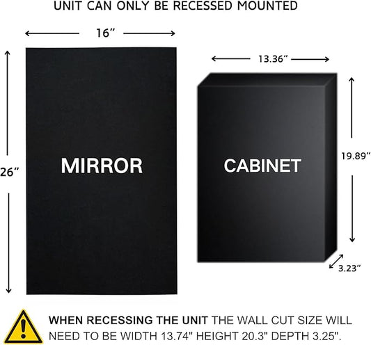 TEHOME Recessed Mount 16x26'' Squared Rectangle Silver Bathroom Medicine Cabinet with Mirror Silver Metal Framed Rectanglular Medicine Cabinet 2 Adjustable Glass Shelves