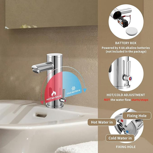 Automatic Touchless Bathroom Sink Faucet Motion Activated Sensor Hands Free Auto Off 1 Hole Commercial Infrared Brass Basin Faucets Adjustable Cold Hot Single Handle Water Mixer(Chrome)