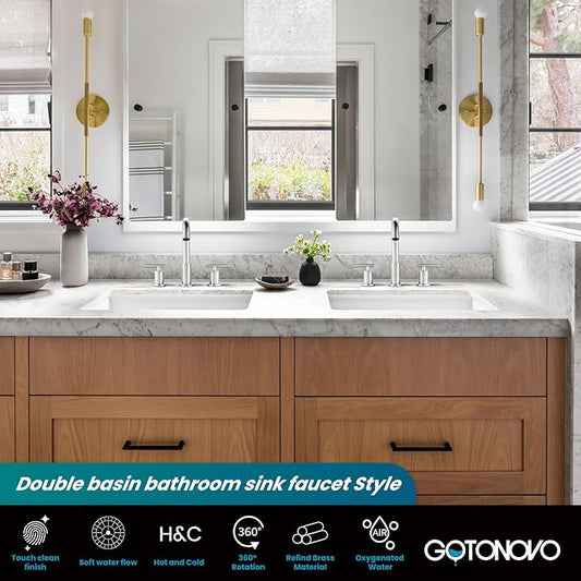 gotonovo 3 Hole 2 Handles Lavatory Basin Bathroom Sink Faucet with Pop Up Drain with Hot and Cold Mixer Valves 8 Inch Widespread Bathroom Faucet Polish Chrome