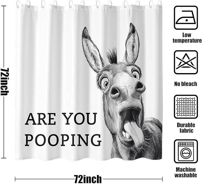 Funny Donkey Shower Curtain Rustic Farmhouse Shower Curtains for Bathroom Black and White Fun Cute Animal Wildlife are You Pooping Waterproof Fabric Bath Curtain Decor 72 X 72 Inch