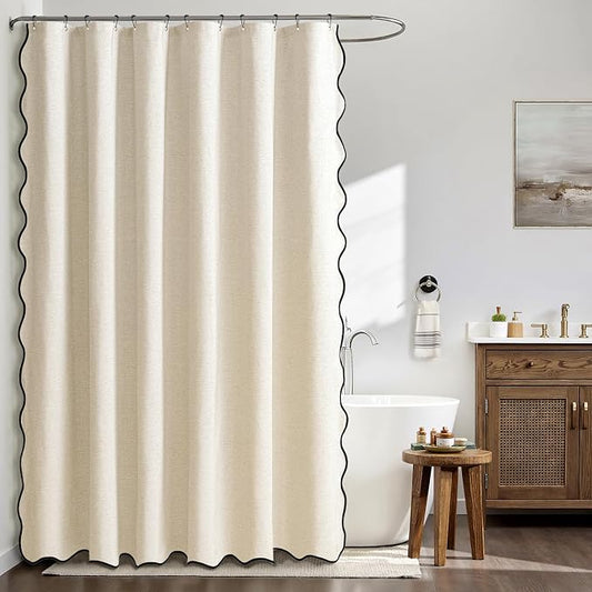 MIULEE 72"x84" Extra Long Scalloped Linen Shower Curtain Ivory | Linen Textured, Waterproof, Washable, 12 Metal Hooks, Heavy Duty Cloth, Black Border, Shower Curtain for Bathroom Bathtub