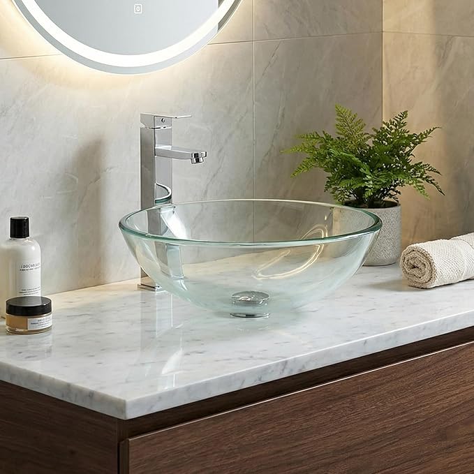 Bathroom Vessel Sink, Tempered Glass Vanity Round Bowl with Chrome Faucet and Pop up drain Set, Clear