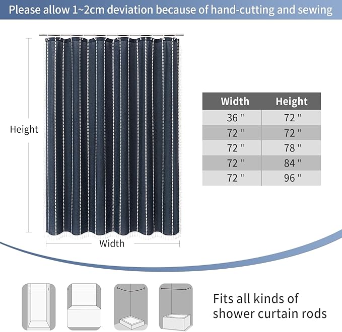 Boho Farmhouse Tassel Linen Shower Curtain,3D Embroidery Stripe Navy,72x84 | Extra Long Xl,310GSM Linen Texture Heavy Duty Cloth,Water Repellent,Wrinkle Resistant,Vintage Rustic Country design