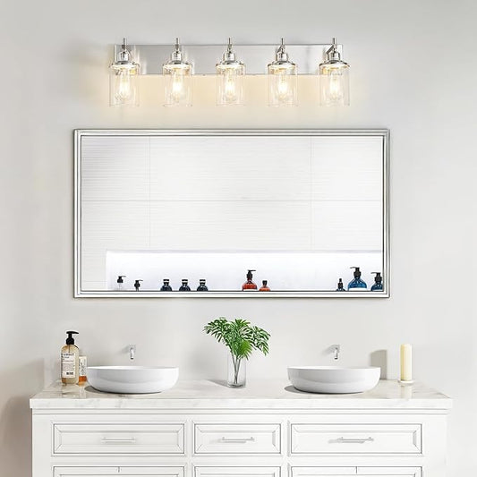 5-Light Brushed Nickel Bathroom Light Fixture Over Mirror Modern Bathroom Vanity Light Vintage Wall Lighting with Clear Glass Shade for Bathroom, Bedroom, Hallway, Cabinet
