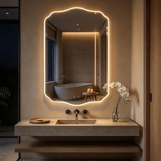 POZINO 40"x24" Scalloped LED Bathroom Mirror with Lights, Gold Metal Frame | Beveled Edge, 3 Color Dimmable, Anti-Fog, Memory Function, IP65 Waterproof, Smart Bathroom Vanity Mirror with Front Lights