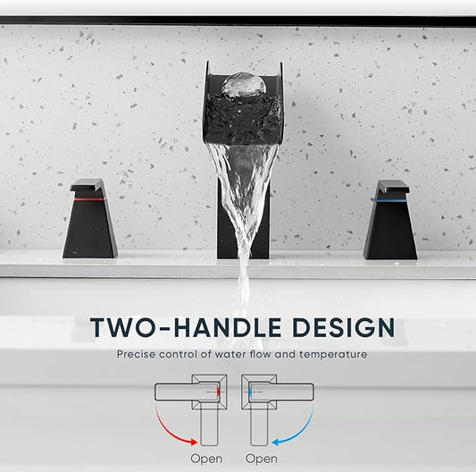 Matte Black Bathroom Faucet 3 Holes Two Handles Lavatory Vanity Sink Faucet Widespread 8 Inch Waterfall with Supply Hoses Stainless Steel