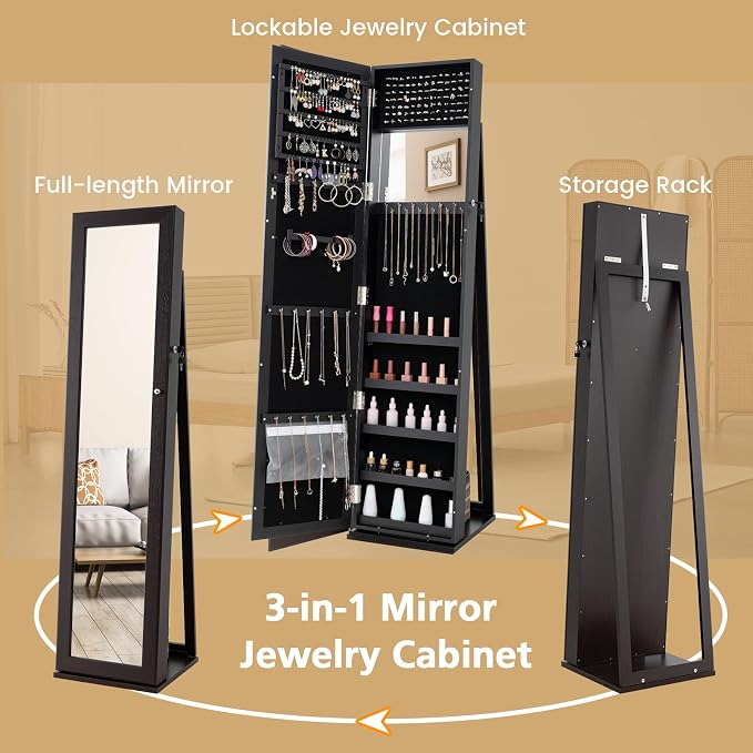 COSTWAY Standing Jewelry Cabinet, Large Capacity Jewelry Organizer w/Full-Length Mirror & Rear Storage Shelves, Lockable Mirror Jewelry Armoire with Keys for Girls Women (Espresso)