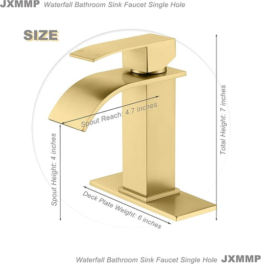 Waterfall Faucet for Bathroom Sink, Single Hole Bathroom Faucet Brushed Gold with Pop Up Drains and Deck Plate for 3 Hole Installation JXM122BG